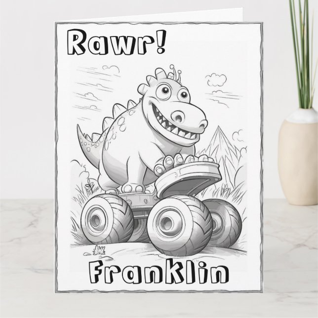 Kids Coloring Dinosaur Monster Truck Birthday Card (Front)