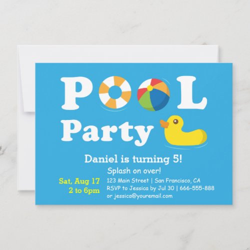 Kids Colourful Splash Birthday Backyard Pool Party Invitations