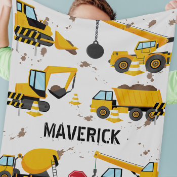 Kids Construction Boys Personalized Name Fleece Blanket by special_stationery at Zazzle