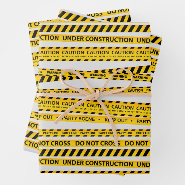 Kids Construction Caution Line Gift Party Supplies Wrapping Paper Sheets (In situ)