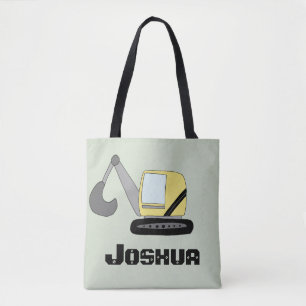 Kids Construction Digger Excavator and Name Boys Tote Bag