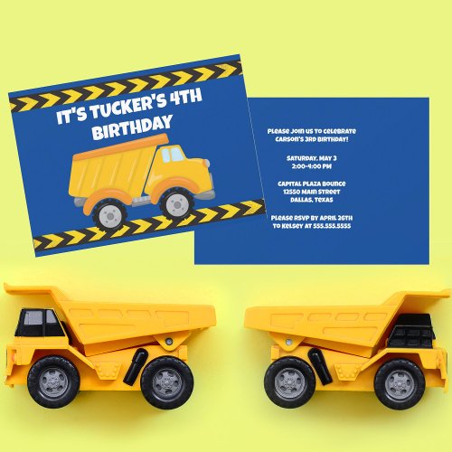 Kids Construction Dump Truck Boys Birthday Party Invitation