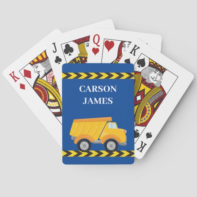 Kids Construction Dump Truck Custom Blue Boys Name Poker Cards (Back)