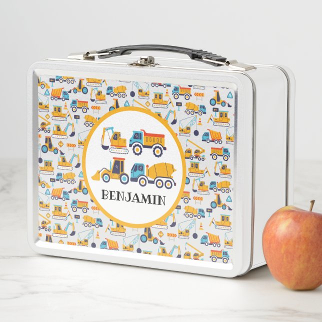 Kids Construction Dump Trucks Pattern Personalized Metal Lunch Box (In Situ)