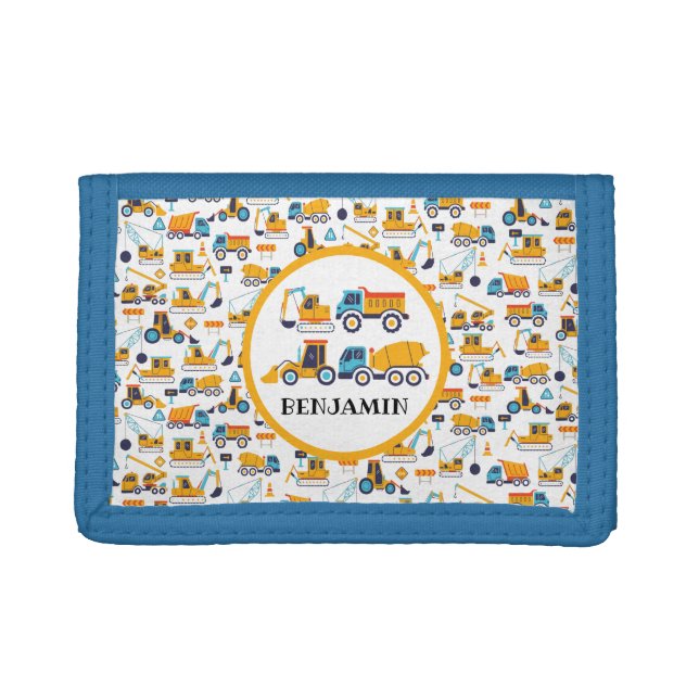 Kids Construction Dump Trucks Pattern Personalized Trifold Wallet (Front)