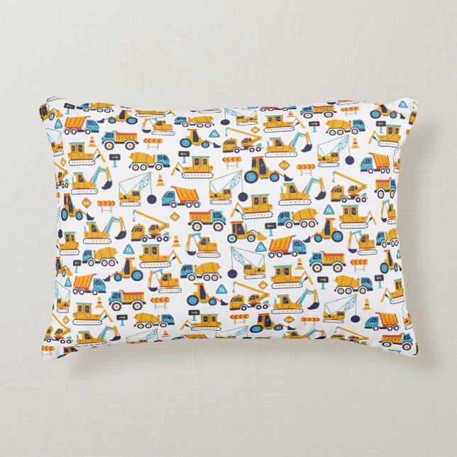Kids Construction Dump Trucks Vehicle Pattern Accent Pillow (Front)