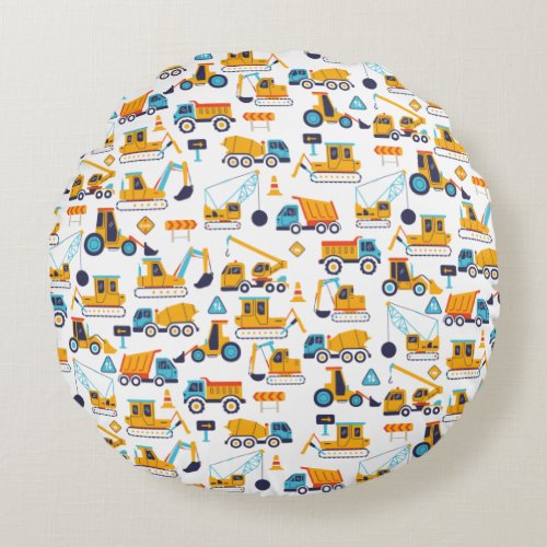 Kids Construction Dump Trucks Vehicle Pattern Round Pillow