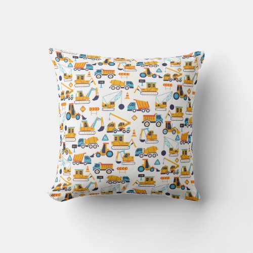 Kids Construction Dump Trucks Vehicle Pattern Throw Pillow