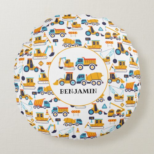 Kids Construction Dump Trucks Vehicle Personalized Round Pillow