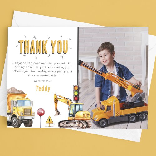 Kids Construction Photo Birthday Party Thank You Card