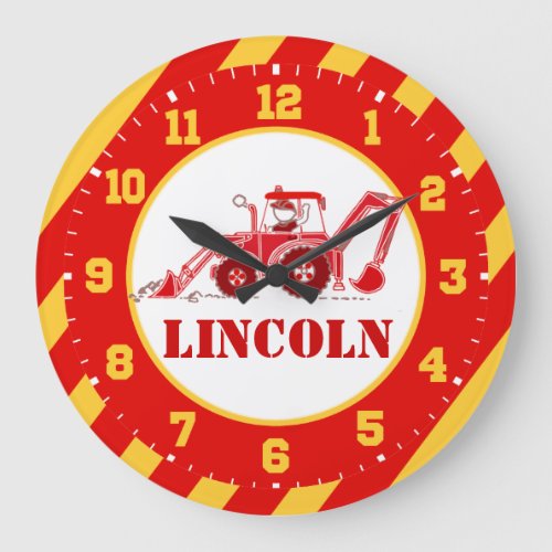 Kids construction tractor red digger wall clock