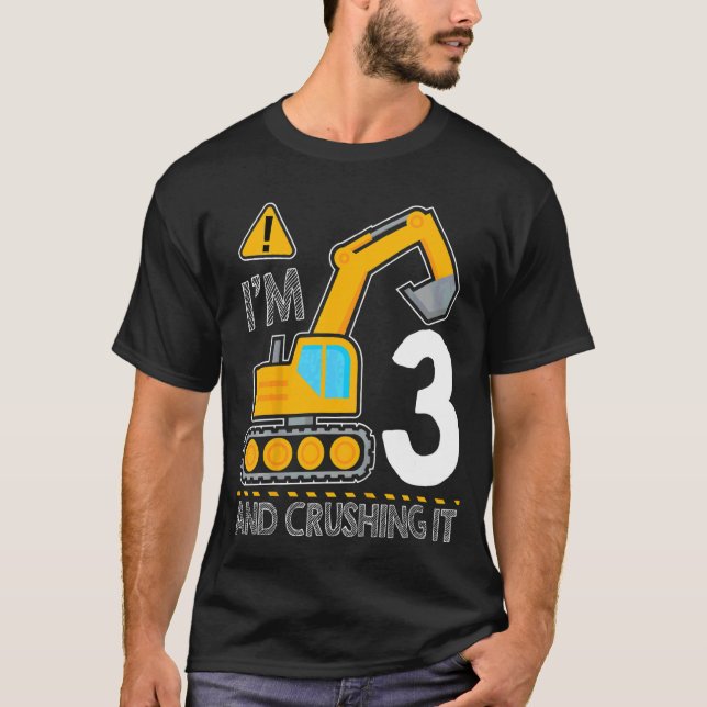 Kids Construction Truck 3rd Birthday I'm 3 And Cru T-Shirt (Front)