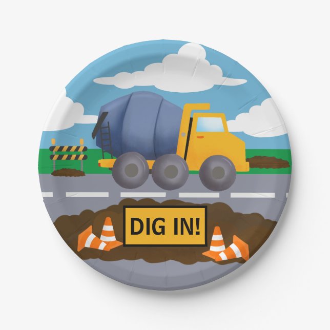 Kid's Construction Truck Birthday Party Paper Plates (Front)