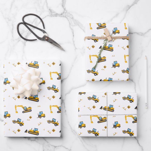 Kids Construction Truck Crane Birthday Gift Wrapping Paper Sheets (Front)