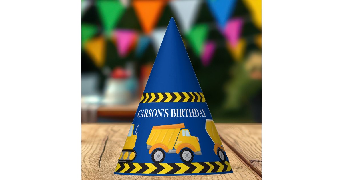Kids Construction Truck Custom Blue Birthday Party Hat | Zazzle