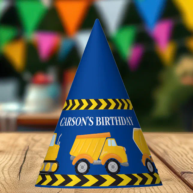 Kids Construction Truck Custom Blue Birthday Party Hat | Zazzle
