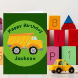 Kids Construction Truck Custom Boys Birthday Card<br><div class="desc">A cool yellow dump truck on a cute custom green card for a little boy who likes construction vehicles and cars. Personalize this happy birthday greeting card with your toddler or kids name.</div>