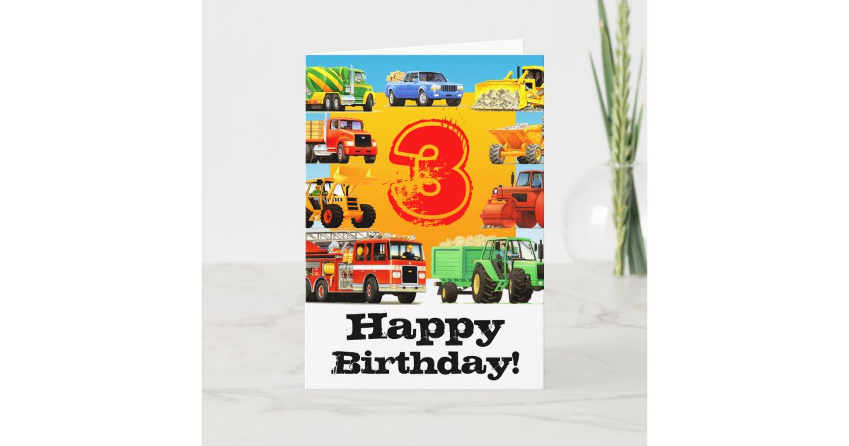 Kid S Construction Truck Happy 3rd Birthday Card Zazzle Com