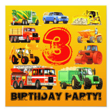 Kid's Construction Trucks 3rd Birthday Party Card