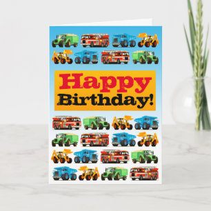 Kids Construction Trucks Happy Birthday Card
