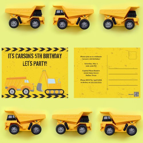 Kids Construction Vehicle Custom Birthday Party Postcard