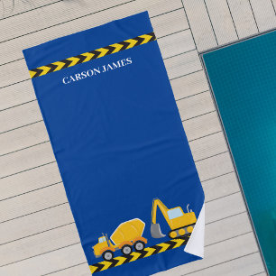 Kids Construction Vehicle Custom Boys Blue Beach Towel