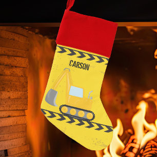 Kids Construction Vehicle Custom Boys Name Yellow Christmas Stocking