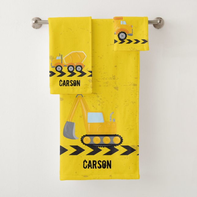 Kids Construction Vehicle Custom Yellow Boys Bath Towel Set (Insitu)