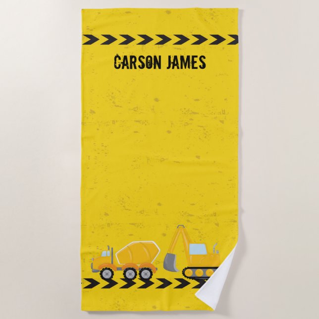 Kids Construction Vehicle Custom Yellow Boys Beach Towel (Front)
