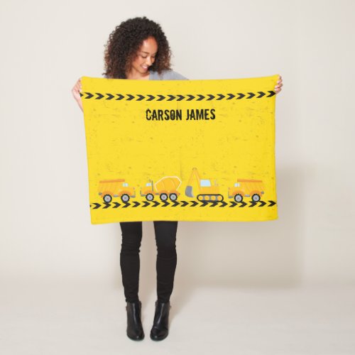 Kids Construction Vehicle Custom Yellow Boys Name Fleece Blanket