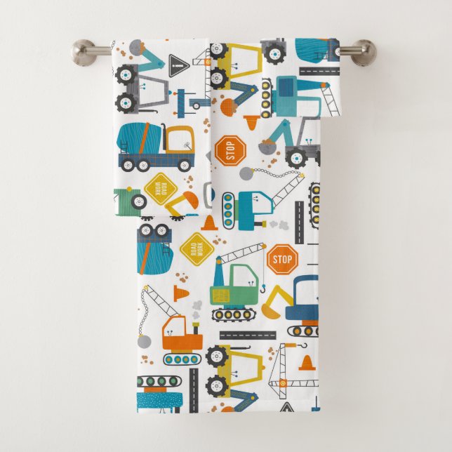 Kids Construction Vehicles Doodle Bath Towel Set (Insitu)