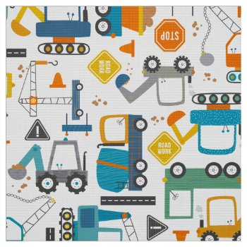 Kids Construction Vehicles Doodle Fabric by LilPartyPlanners at Zazzle