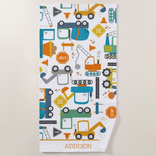 Kids Construction Vehicles Doodle Personalized Beach Towel