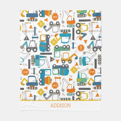 Kids Construction Vehicles Doodle Personalized Fleece Blanket