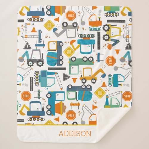 Kids Construction Vehicles Doodle Personalized Sherpa Blanket