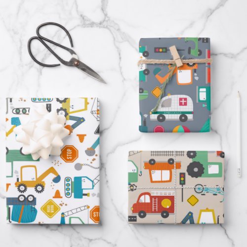 Kids Construction Vehicles Doodle Wrapping Paper Sheets