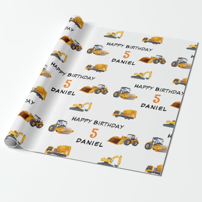 Kids Contruction vehicle Personalized Birthday Wrapping Paper (Unrolled)