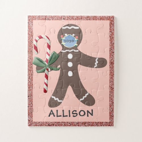 Kids Covid Christmas Gingerbread Pink Glitter Name Jigsaw Puzzle