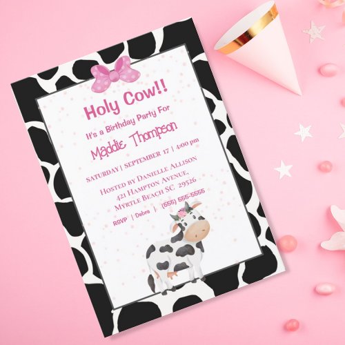 Kids Cow Print Girls Birthday Party Invitation