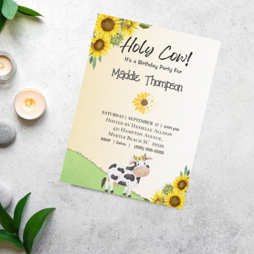 Kids Cow Sunflower Girls Boys Birthday Party   Invitation