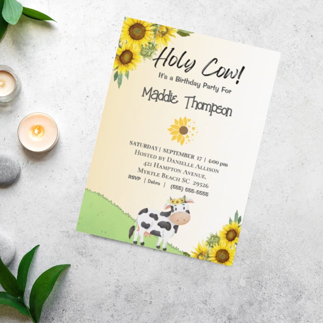 Kids Cow Sunflower Girls Boys Birthday Party   Invitation (Creator Uploaded)