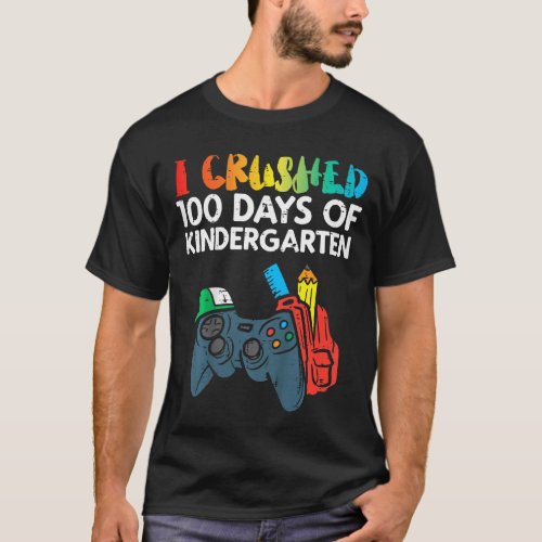 Kids Crushed 100 Days Of Kindergarten Gamer 100th  T_Shirt