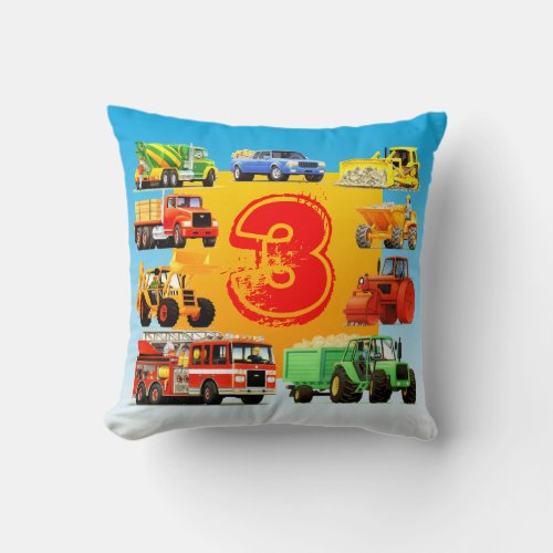 Kids Custom 3rd Birthday Construction Truck Throw Pillow