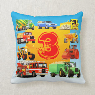 Kid's Custom 3rd Birthday Construction Truck Throw Pillow