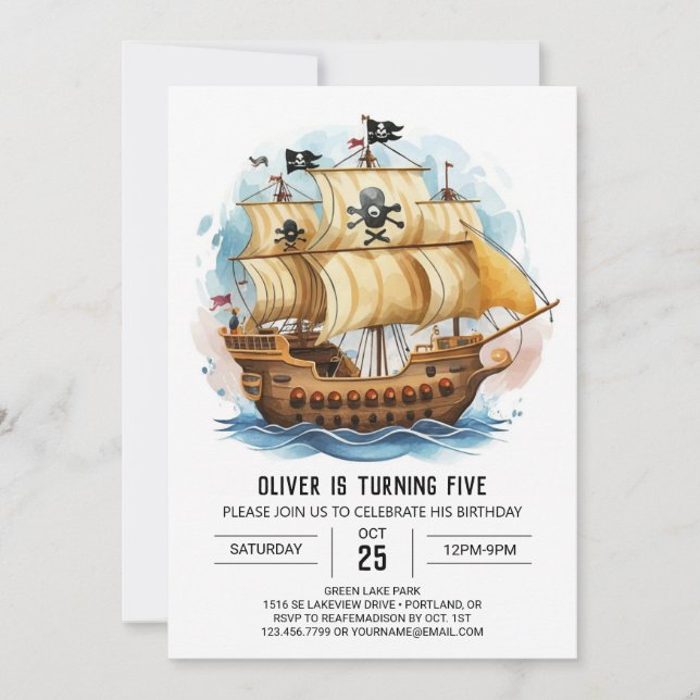 Kids Custom Boat Pirate Birthday Invitation (Front)