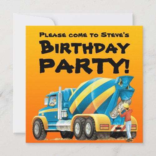 Kids Custom Concrete Mixer Truck Party Invitation