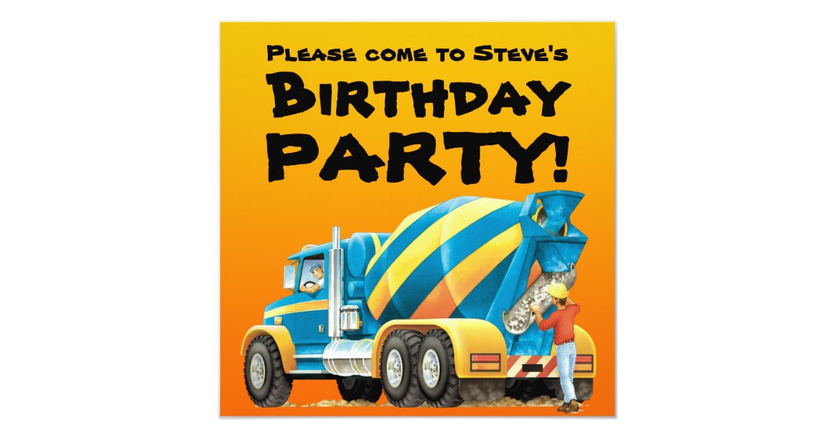 Kids Custom Concrete Mixer Truck Party Invitation Zazzle Com