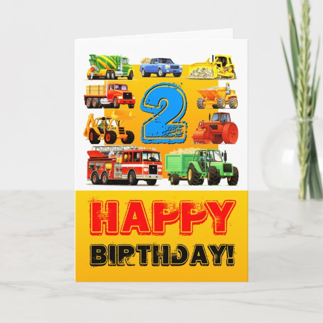 Kid's Custom Construction Trucks 2nd Birthday Card (Front)