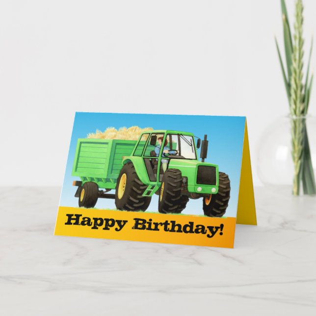Kid's Custom Green Farm Tractor Happy Birthday Card (Front)