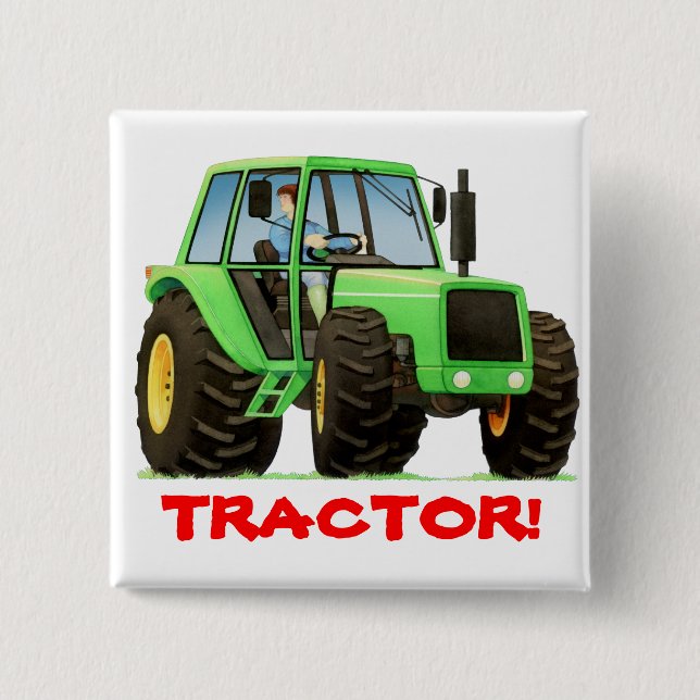 Kids Custom Green Tractor Pinback Button (Front)